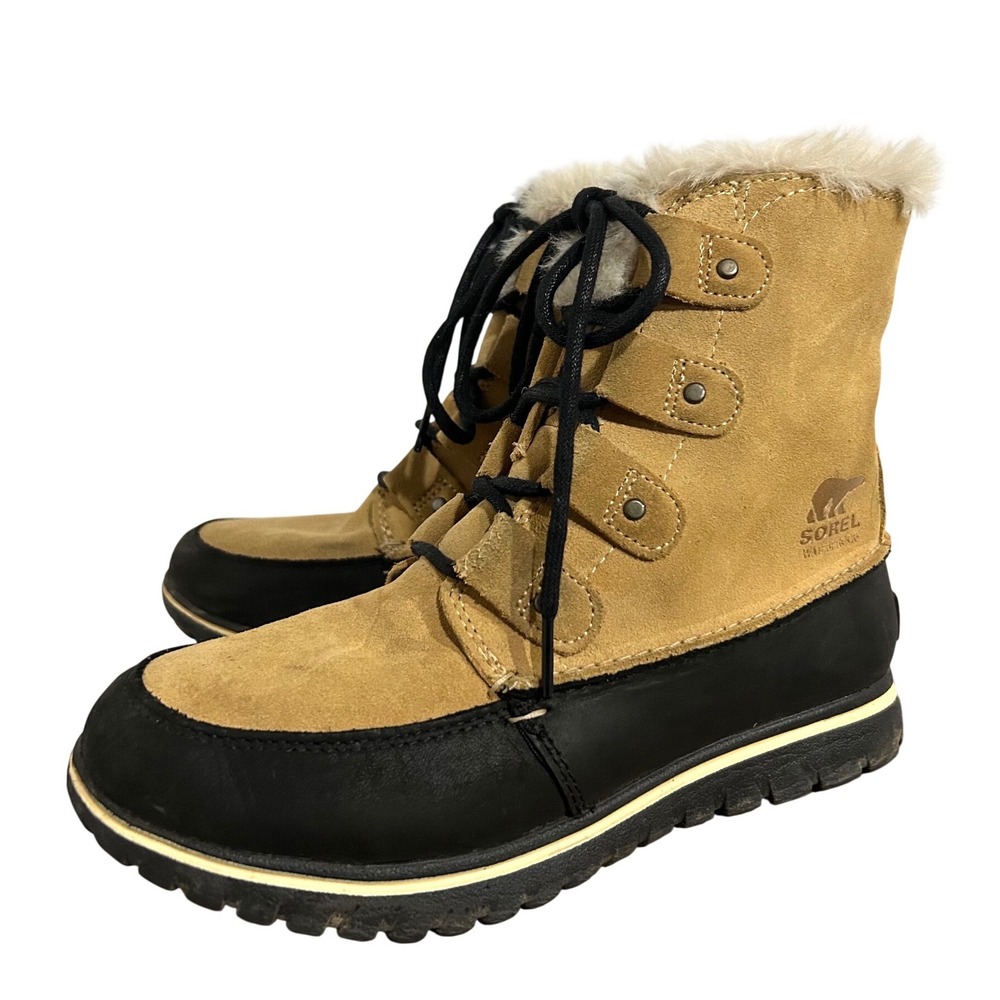 Sorel Women's Cozy Joan Leather Faux Fur Winter Ankle Boots Tan Black 7 Outdoors